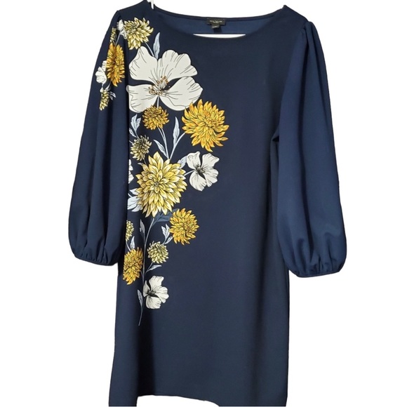 Ann Taylor Factory Sheath Dress in Navy Blue w/Floral 3/4 Bell Sleeves Size MP - Picture 11 of 17